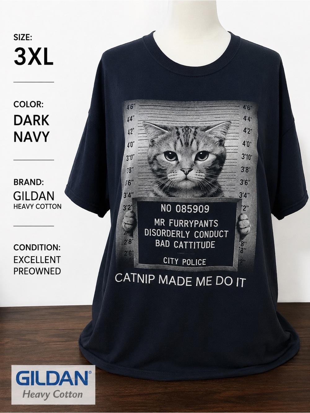 Gildan 3XL Funny Cat Mugshot Graphic Tee Mr Furrypants Dark Navy